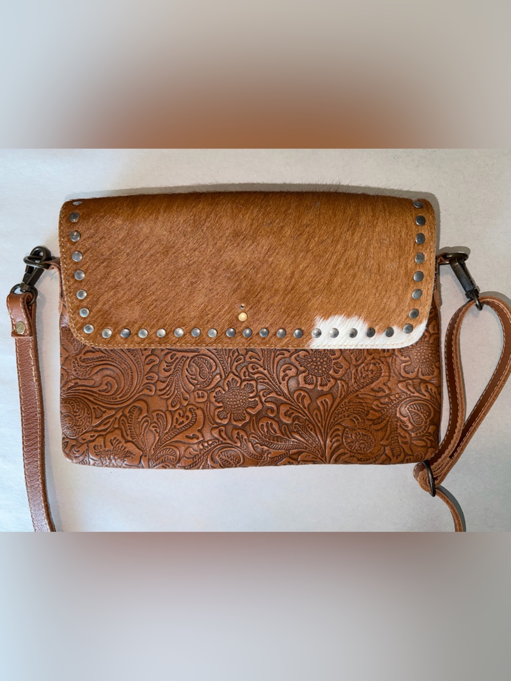 Myra Embossed Brown Leather and Cowhide Crossbody